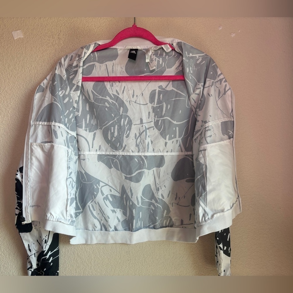 Adidas Black & White Tropical Monstera Cropped Bomber Windbreaker Jacket L - Picture 8 of 9